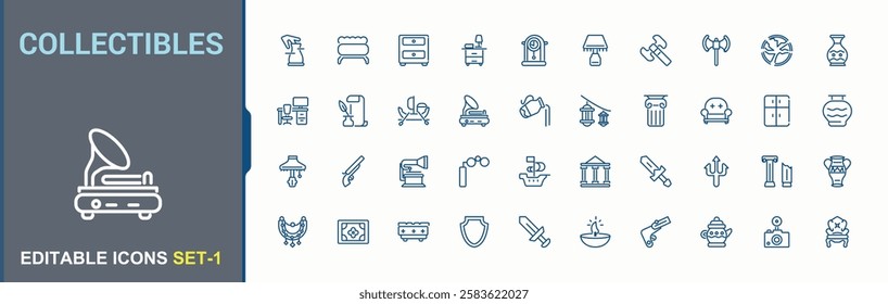 Collectibles icons set. It contains symbols to history, antique, old, vintage, fossil and more. Web icons. Editable vector stroke.