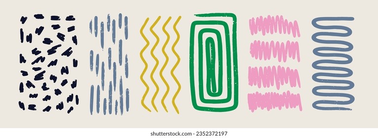 Collectin Abstract colorful Hand drawn doodle shapes. Spots, drops, curves, Lines. Contemporary modern trendy Vector illustration. Poster, Social media Icons template