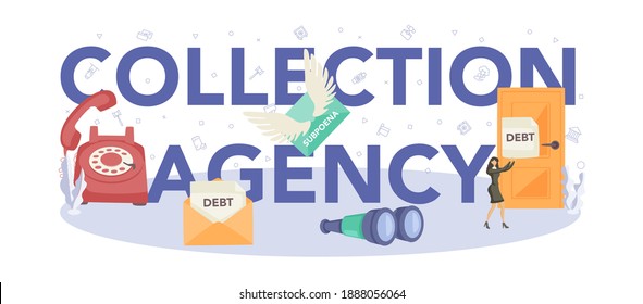 Collecting agency typographic header. Pursuing payment of debt owed by person or businesses company. Debt collector looking for people who doesn't pay bills. Vector flat illustration