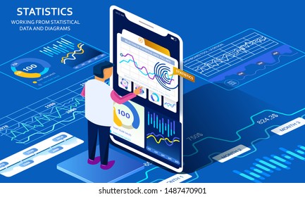 Collecting analytical data for new project. Intensive work with involvement of innovative technologies and methods. Creative isometric vector illustration.