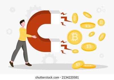 Collecting bitcoin concept. Young guy with magnet attracts coins. Metaphor for making money on Internet and financial literacy. Cryptocurrency and blockchain. Cartoon flat vector illustration
