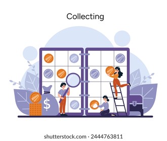 Collecting concept. Animated collectors curate coins into an album, reflecting the meticulous joy of numismatics against a backdrop of financial symbols. Vector illustration