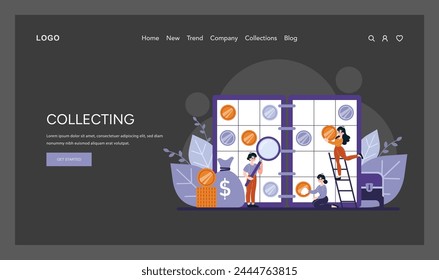 Collecting concept. Animated collectors curate coins into an album, reflecting the meticulous joy of numismatics against a backdrop of financial symbols. Vector illustration