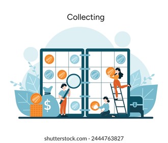 Collecting concept. Animated figures explore numismatics, examining and organizing coins with focus and curiosity. Visual narrative of a cherished collecting hobby. Vector illustration