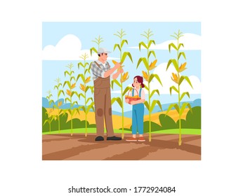 Collecting corn harvest semi flat vector illustration. Local production of fresh vegetable. Activity for family on ranch. Father and daughter 2D cartoon characters for commercial use
