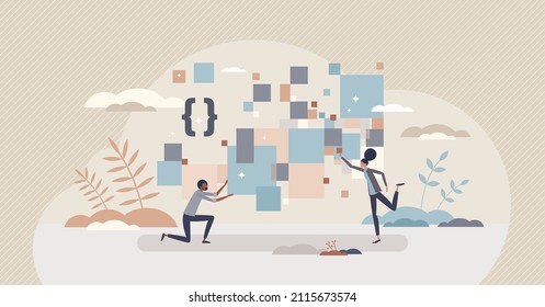 Collecting data and big information volume gathering tiny person concept. Cloud computing software with automatic server info catching vector illustration. Digital online document analysis for storage