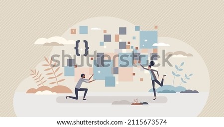 Collecting data and big information volume gathering tiny person concept. Cloud computing software with automatic server info catching vector illustration. Digital online document analysis for storage