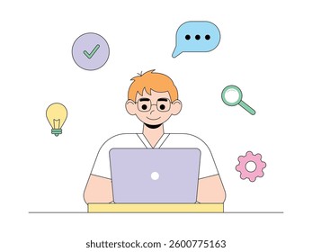 Collecting data from various sources to conduct research, semi outline style, research vector illustration.