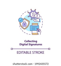 Collecting Digital Signatures Concept Icon. Contract Management Software Functions. Signing Digital Files Idea Thin Line Illustration. Vector Isolated Outline RGB Color Drawing. Editable Stroke