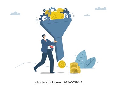 Collecting and filtering business ideas to make money, Ideas for using creativity to develop organizations, Businessman using the filter of lightbulb ideas to make money. Vector design illustration.