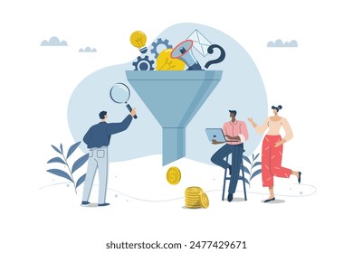 Collecting and filtering business ideas for return or profit, Business development ideas and corporate creativity, Business team people uses sales funnel filter of potential customers. Vector design.