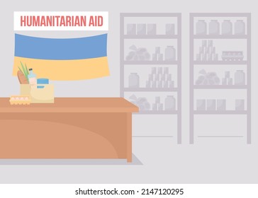 Collecting food for charity flat color vector illustration. Food donation. Humanitarian hub 2D simple cartoon interior with shelving units and Ukrainian flag on background. Bebas Neue font used