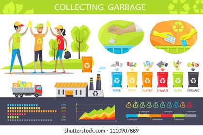 Collecting garbage and statistical charts set vector illustration, cheerful people which cleaned park from rubbish, visualization of recycling process