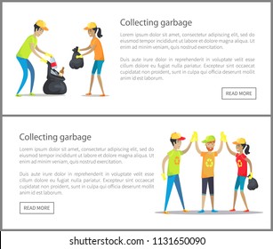 Collecting Garbage Web Set With Text Sample, Volunteering Of People, Picking Up Litter And Garbage, Internet Sites Collection Vector Illustration