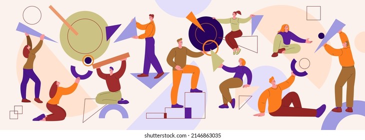 Collecting geometric shapes. Person organizing work and collect abstract figures with team. Business chaos, teamwork together kicky vector illustration