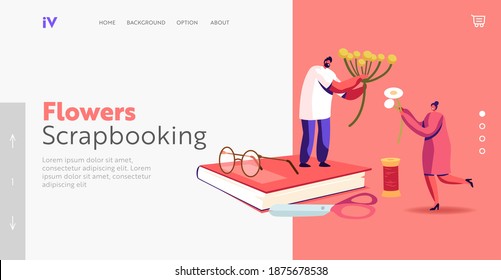 Collecting Herbarium Landing Page Template. Tiny Male and Female Characters Making Composition of Dried Herbs and Flowers Stand on Huge Books. People Learning Plants Hobby. Cartoon Vector Illustration