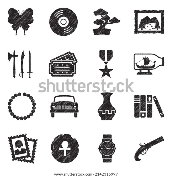 Collecting And Hobby Icons. Black Scribble\
Design. Vector\
Illustration.