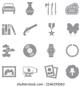Sammlung und Hobby-Symbole. Graues Flachdesign. Vektorgrafik.