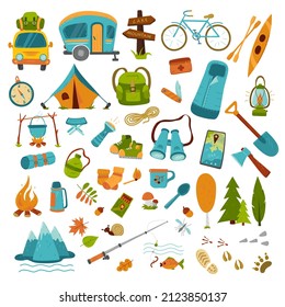 Collecting items and equipment for a hike: a tent, a backpack, a sleeping bag, sneakers, matches, a fishing rod and much more. Vector isolated on a white background.