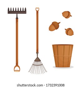 Collecting leaves and acorn concept. Vector rake, garden tools on isolated white background, flat illustrations. Garden autumn clip art. 