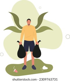 collecting litter picking plastic waste raking garbage, eco voluntary activist..flat vector illustration.man with trash bags..