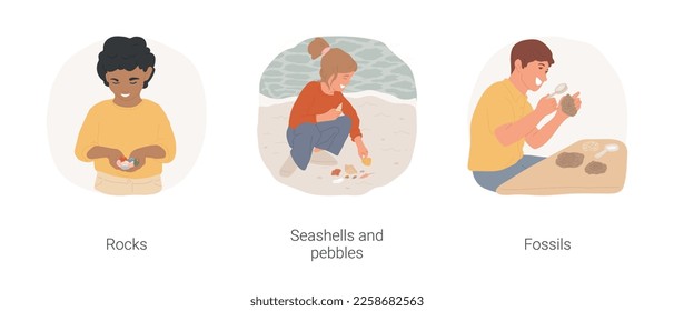 Collecting nature items isolated cartoon vector illustration set. Boy with handful of colorful rocks, girl proud of seashell and pebble collection, collecting fossils, rare items vector cartoon.