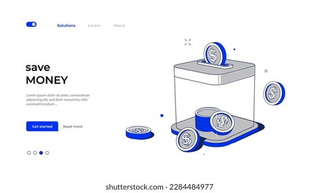 Collecting and putting coins in a savings jar. Financial budget management, money savings, and open bank deposit concept. Vector Illustration