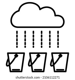 Collecting Rainwater In Buckets. The Use Of Rainwater. Gardening, Agronomy. Vector Icon, Outline, Isolated. Editable Stroke