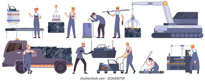 Collecting and recycling of metal flat set with iron waste plant equipment and workers isolated vector illustration