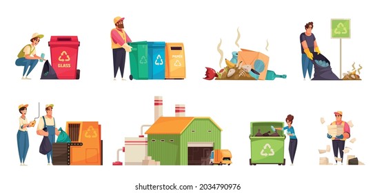 Collecting sorting recycling garbage cartoon compositions set with human characters plant building dumpsters isolated vector illustration