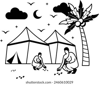 Collecting Stones ihramEid al-Azha or Eid ul Kabir Symbol, Hajj Sign, Muslims religious Festival Stock illustration, pilgrims to collect between 49 and 70 pebbles from the ground at Muzdalifah concept