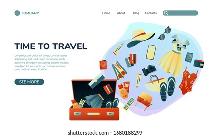 Collecting a suitcase on a trip: clothes, documents, equipment. Landing page planning a summer vacation, tourism. Colorful trendy illustration. Flat design. Vector illustration