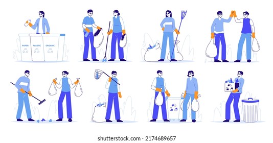 Collecting trash, people sorting waste and clean up garbage. Characters cleaning and taking care of environment vector symbols illustrations set. Volunteers collecting trash