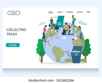 Collecting trash vector website template, web page and landing page design for website and mobile site development. Micro characters picking up garbage from huge globus. Ecology, clean planet concept.