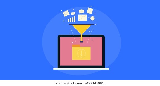 Collecting user data from web through click funnel, Landing page sales funnel optimization, Digital funnel for collecting customer data - vector illustration with icons