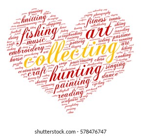 Collecting. Word cloud, heart, italic font, white background. Hobby.