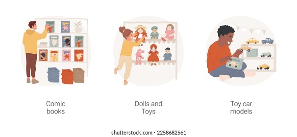 Collecting-based hobbies isolated cartoon vector illustration set. Comic book edition collection, girl with vintage dolls and toys, collecting retro toy car models, classic hobby vector cartoon.