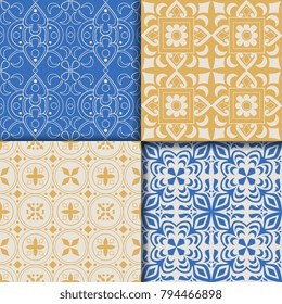Collectiom seamless pattern arabic style in blue and yellow colors. Can be used for gift wrap, background, backdrop, textile