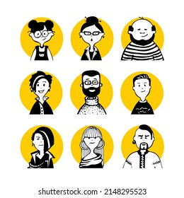 Collection 02 of comic peoples faces and characters in doodle style for monochrome avatars and black-white pictograms and set social media icons and portraits for articles or blog