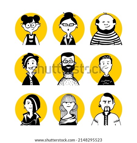 Collection 02 of comic peoples faces and characters in doodle style for monochrome avatars and black-white pictograms and set social media icons and portraits for articles or blog