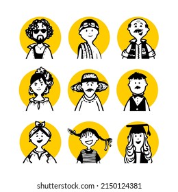 Collection 03 of comic peoples faces and characters in doodle style for monochrome avatars and black-white pictograms and set social media icons and portraits for articles or blog