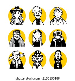 Collection 04 of comic peoples faces and characters in doodle style for monochrome avatars and black-white pictograms and set social media icons and portraits for articles or blog