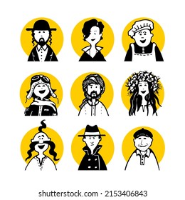 Collection 07 of comic peoples faces and characters in doodle style for monochrome avatars and black-white pictograms and set social media icons and portraits for articles or blog