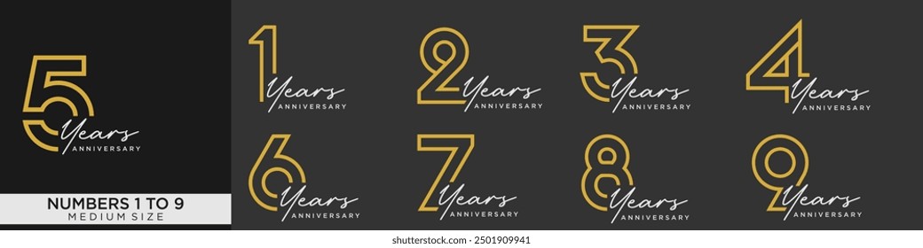 collection of 1 to 9 year anniversary logotype design, for celebration event, wedding, greeting card, and invitation, vector illustration