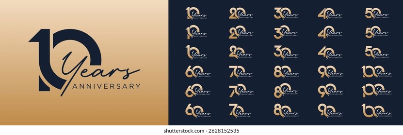 collection of 10 to 100th anniversary logotype design, with golden color for celebration event, wedding, greeting card, and invitation, vector illustration
