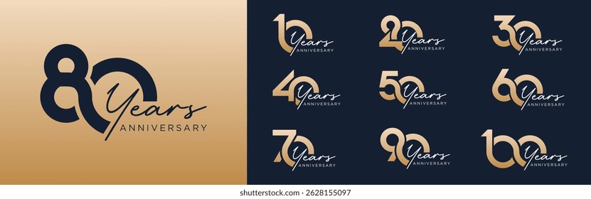 collection of 10 to 100th anniversary logotype design, with golden color for celebration event, wedding, greeting card, and invitation, vector illustration