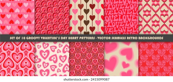 Collection of 10 1970s Groovy Hearts Seamless Patterns in Pink, Red Colors. Trendy Vector Valentine's Day endless Illustrations. Seventies Style, Groovy Love Backgrounds. Hippie Aesthetic
