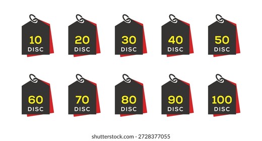 Colección de 10%, 20%, 30%, 40%, 50%, 60%, 70%, 80%, 90% de descuento. conjunto de etiquetas de venta Vector, promoción de descuento logo diseños Vector