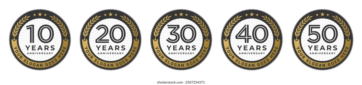 Collection of 10 to 50 years anniversary logo emblem circle laurel wreath design templates isolated in gold and black colors