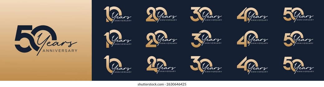 collection of 10 to 50th anniversary logotype design, with golden color for celebration event, wedding, greeting card, and invitation, vector illustration